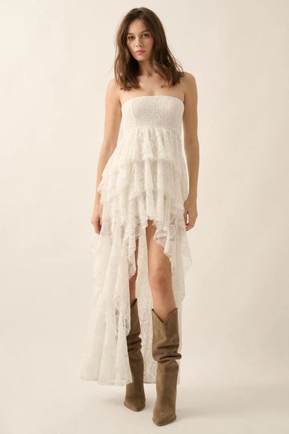 Ever After Asymmetrical Lace Strapless Maxi Dress