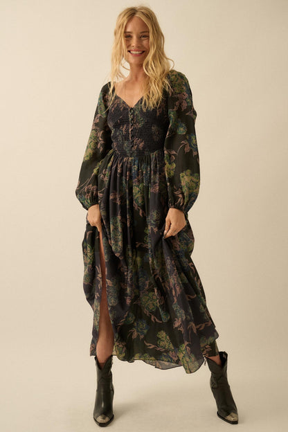 Beautiful Blooms Smocked Floral Maxi Peasant Dress