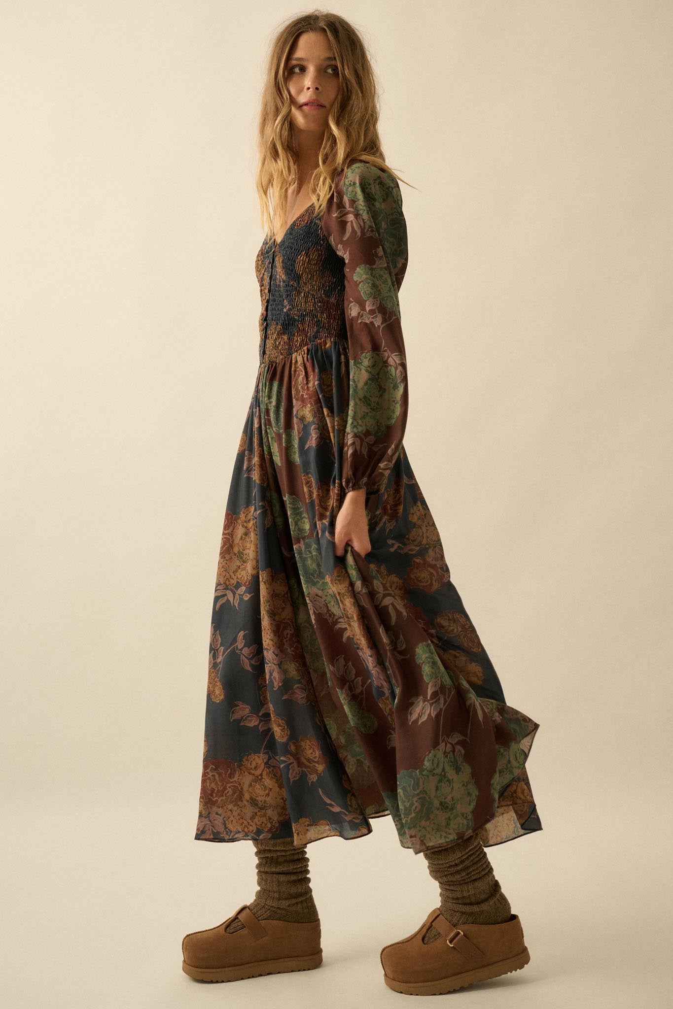 Beautiful Blooms Smocked Floral Maxi Peasant Dress