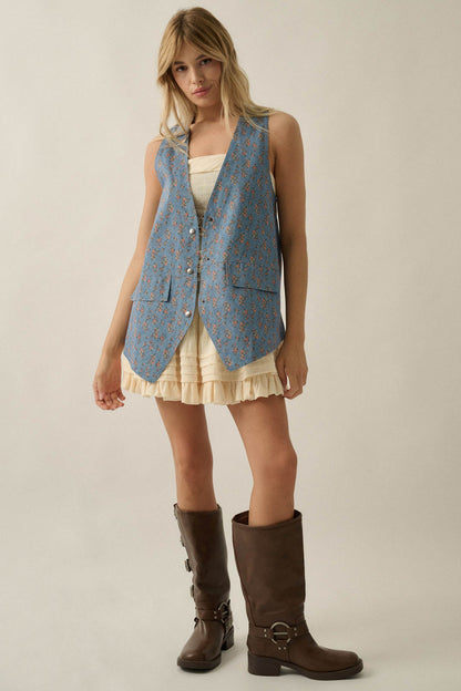 Denim Petals Floral-Print Denim Snap-Front Vest