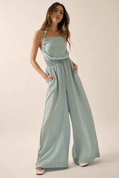 Perfect Skies Denim Wide-Leg Halter Jumpsuit