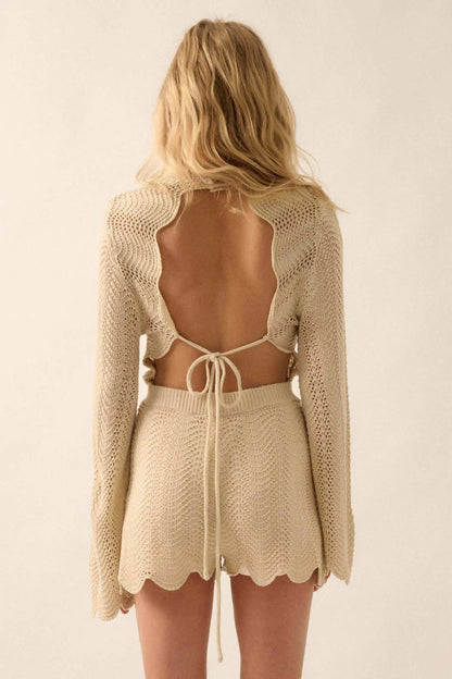Kick Back Crochet Bell-Sleeve Open-Back Romper
