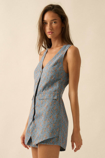 Twill Garden Floral-Print Denim Vest Romper