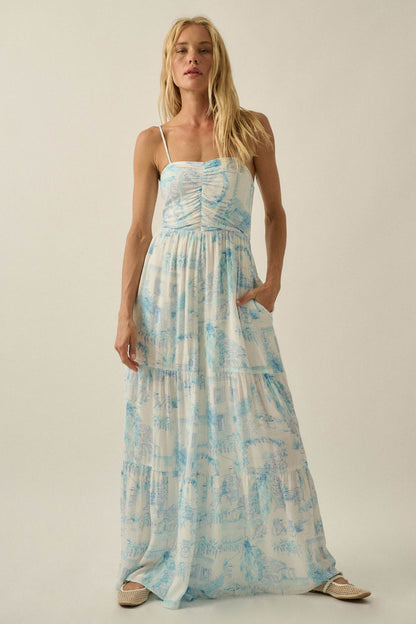Beautiful View Toile Wide-Leg Tiered Jumpsuit