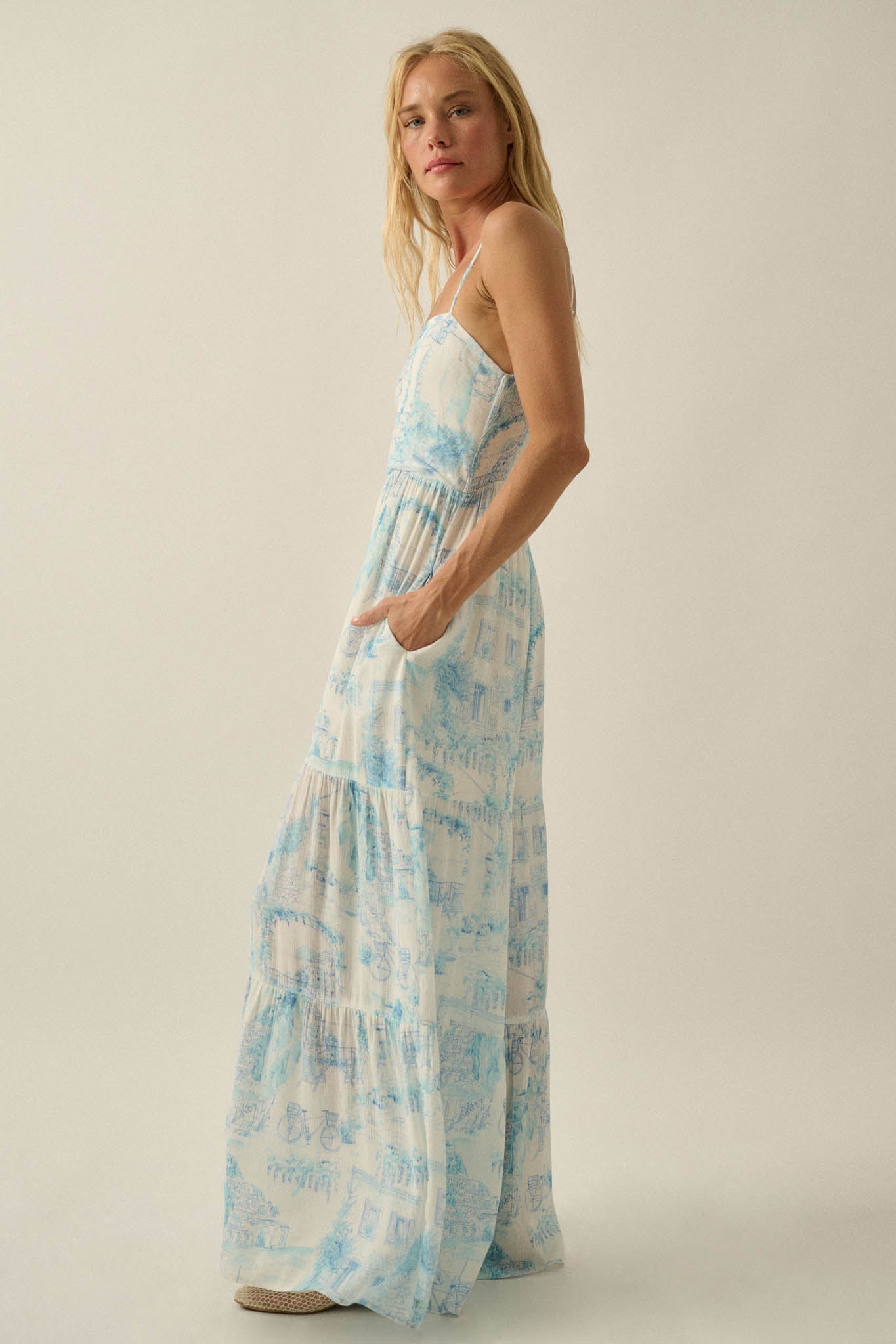 Beautiful View Toile Wide-Leg Tiered Jumpsuit