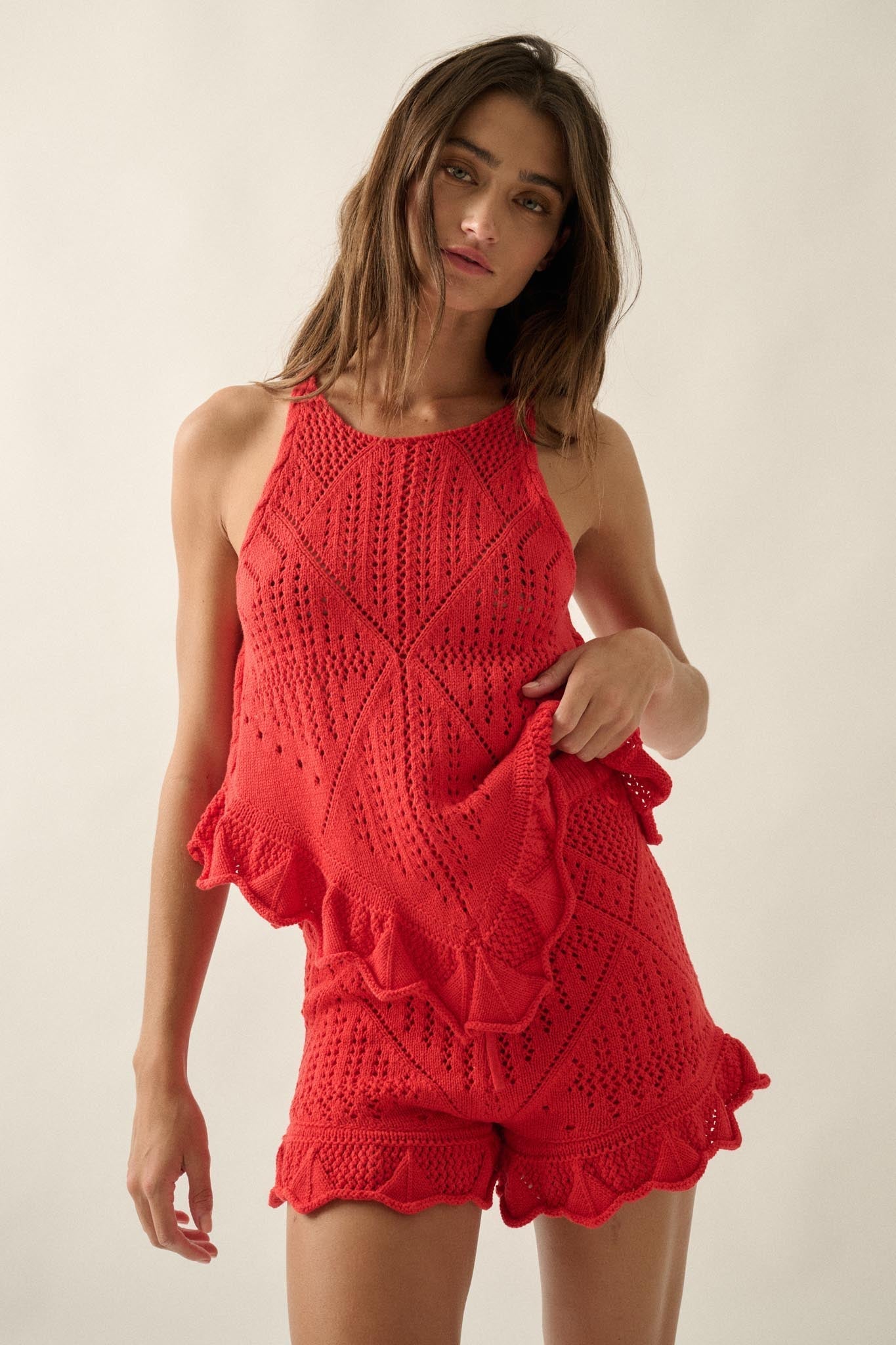 Yes Way Crochet Crochet-Knit Ruffle Shorts