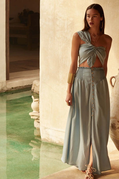 Blue Yonder Denim Button-Front Maxi Skirt