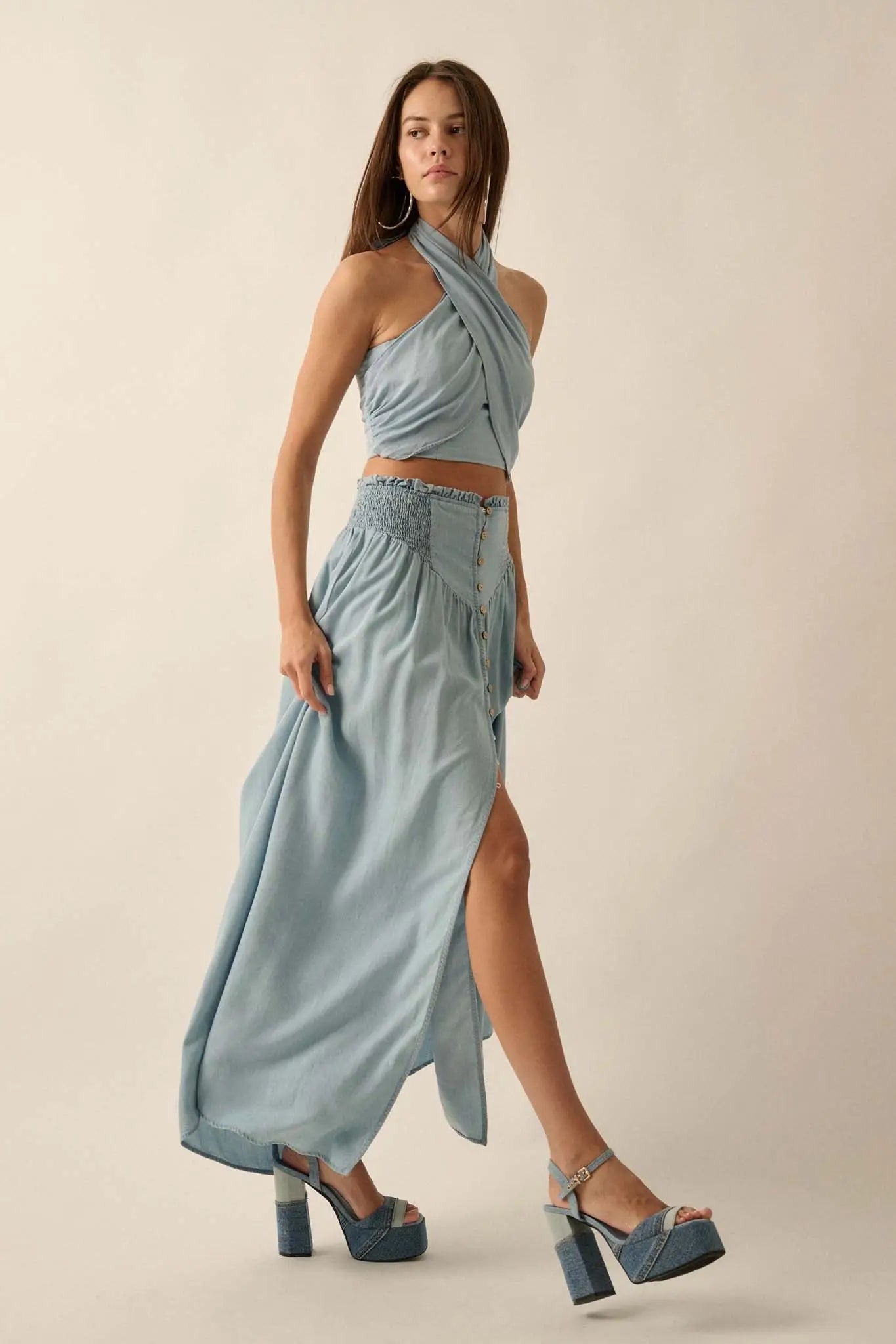 Blue Yonder Denim Button-Front Maxi Skirt