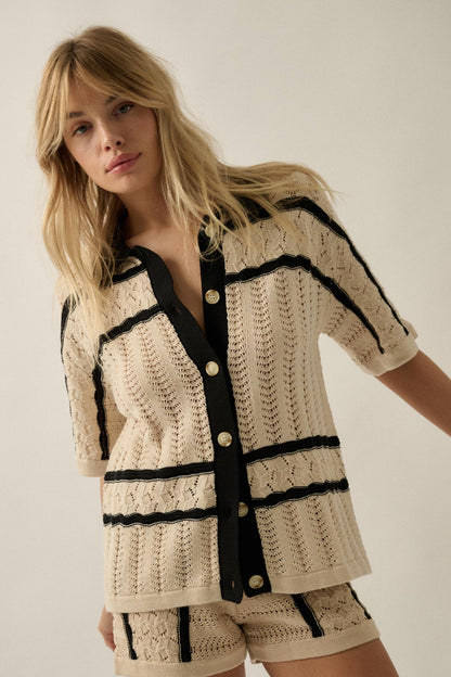 Across the Way Striped Crochet-Knit Camp Shirt