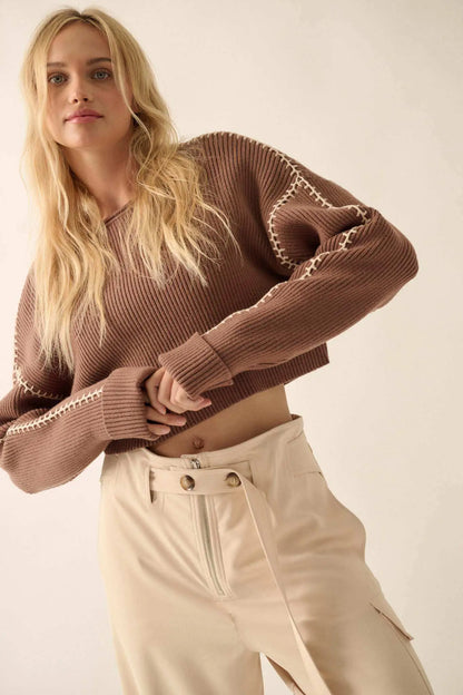 Stitched Up Cropped Blanket Stitch Sweater