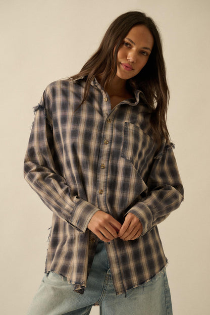 Lost and Found Plaid Raw-Edge Button-Up Shirt