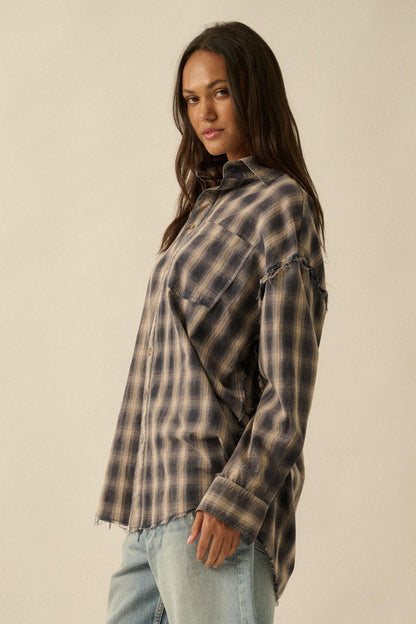 Lost and Found Plaid Raw-Edge Button-Up Shirt