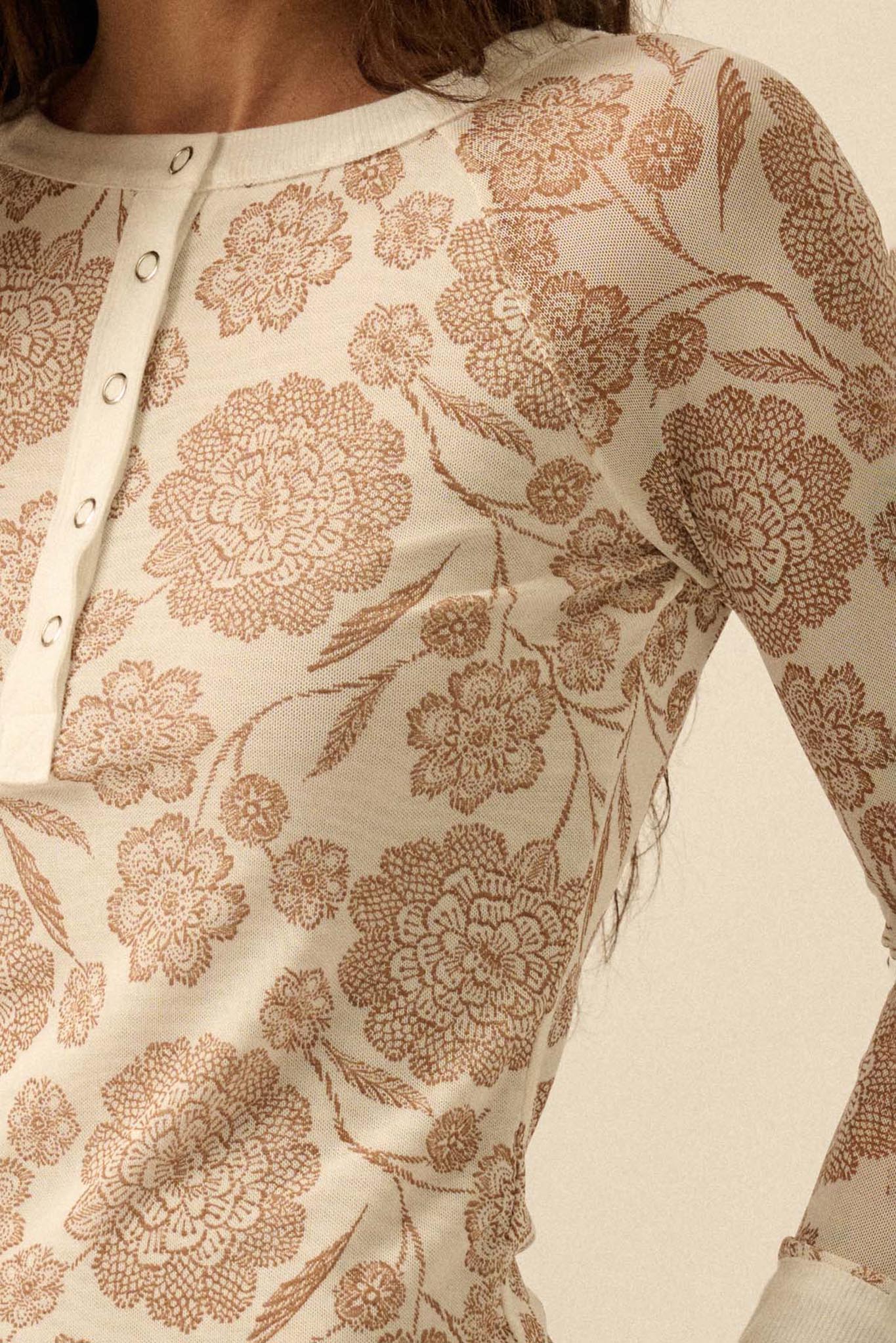 Windswept Petals Floral Mesh Split-Cuff Henley Top