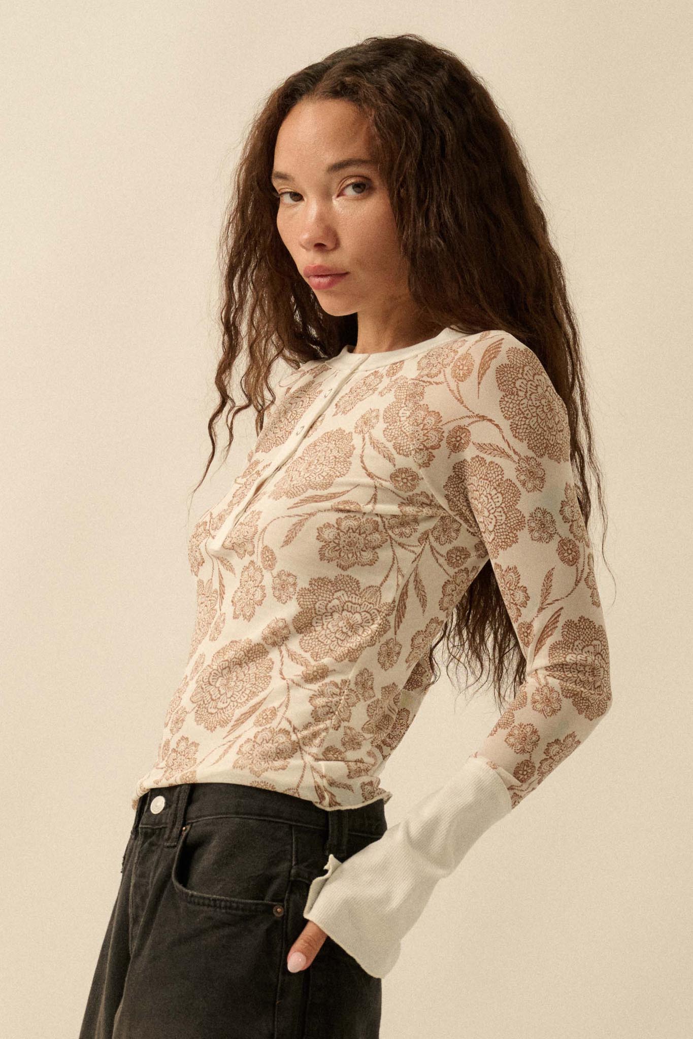 Windswept Petals Floral Mesh Split-Cuff Henley Top