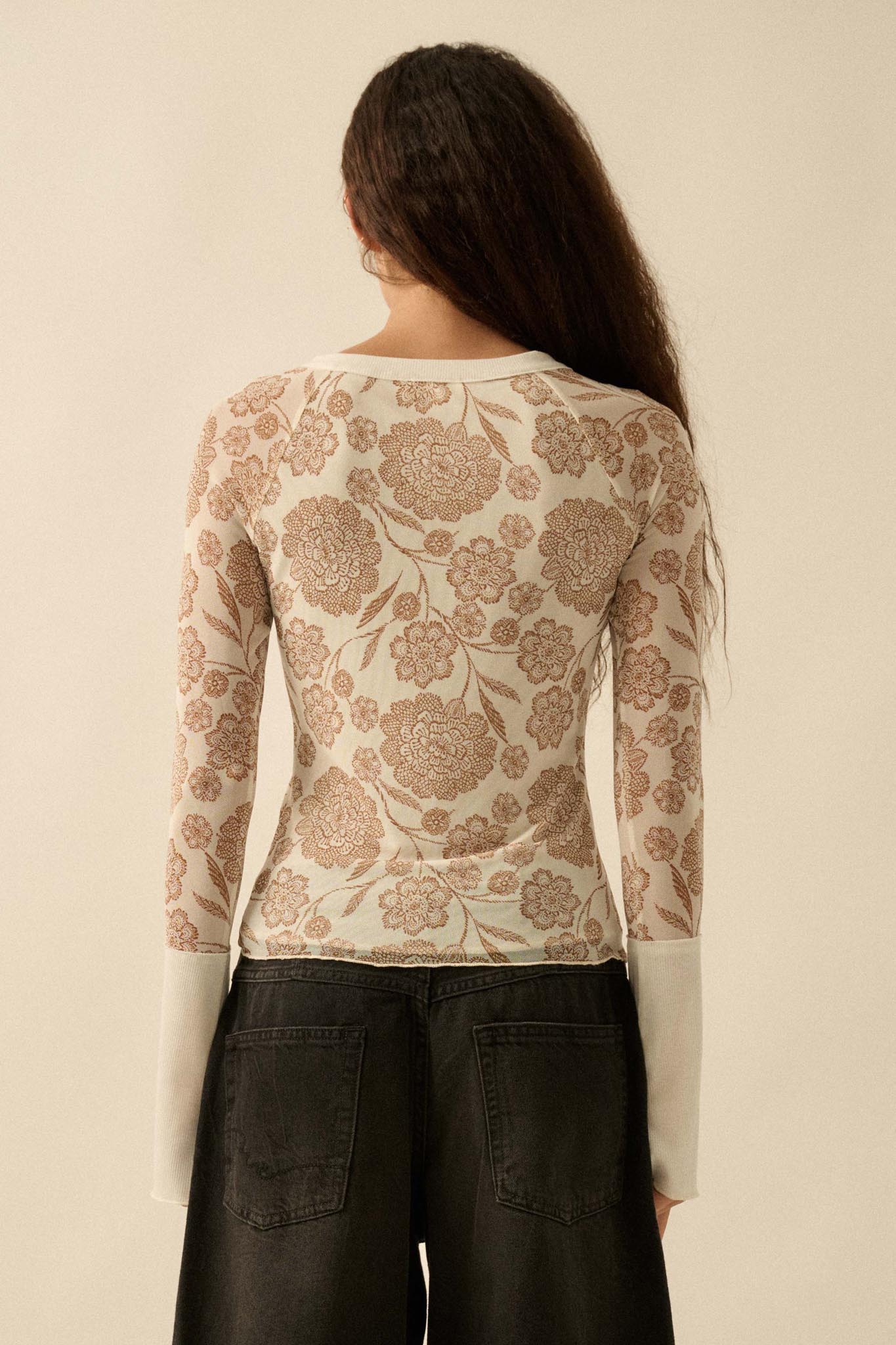 Windswept Petals Floral Mesh Split-Cuff Henley Top