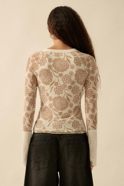 Windswept Petals Floral Mesh Split-Cuff Henley Top