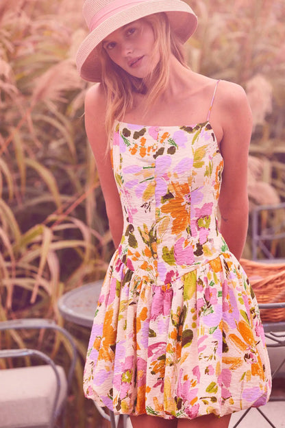 Delicate Dawn Floral Drop-Waist Bubble Mini Dress