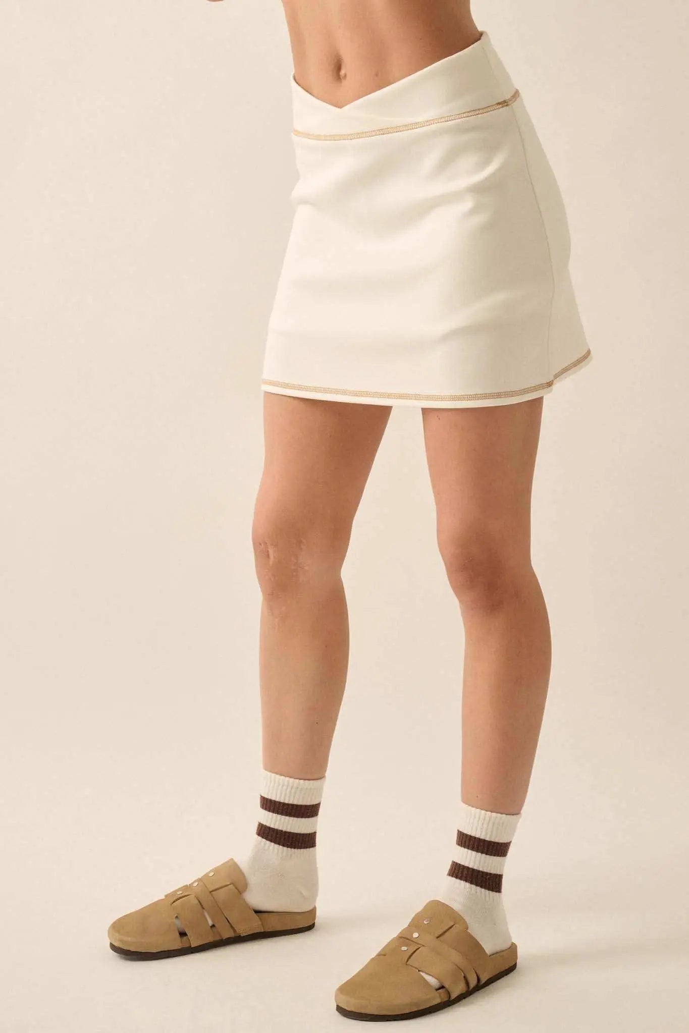 Premium Scuba Contrast-Stitch Crossover Mini Skort