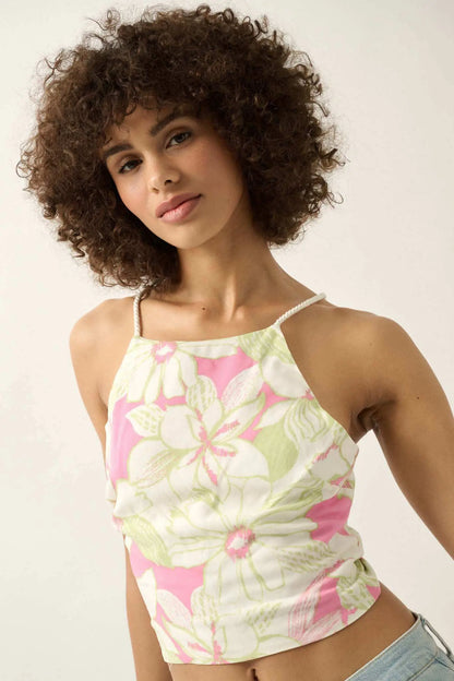 Honolulu Hideaway Floral Lace-Up Back Halter Top