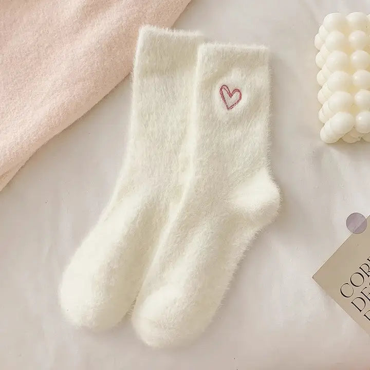 Heart Embroidered Fuzzy Socks