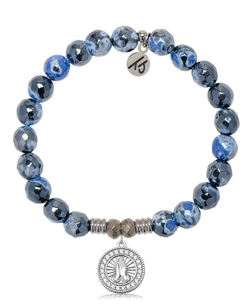 Denim Blue Agate Gemstone Bracelet with Prayers CZ Sterling Silver Charm