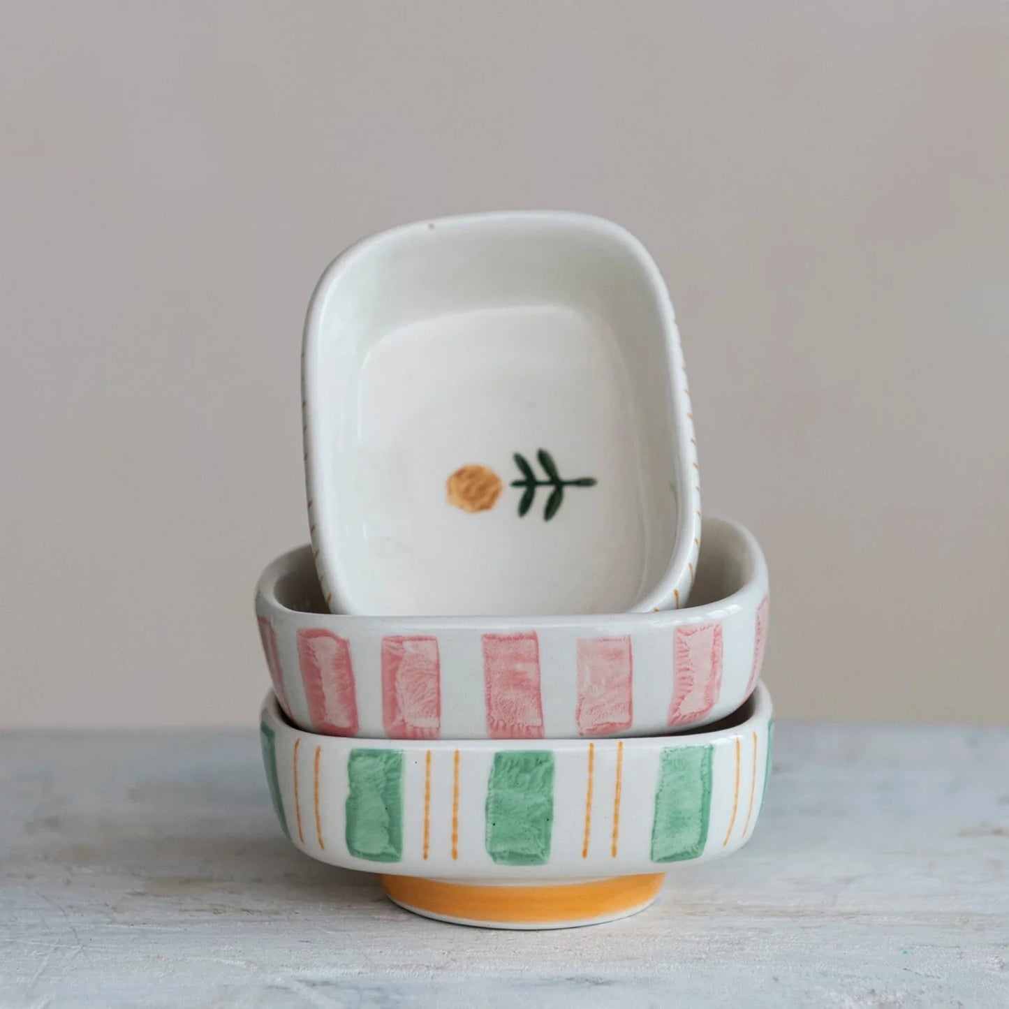 Pink Flower Striped Stoneware Dish