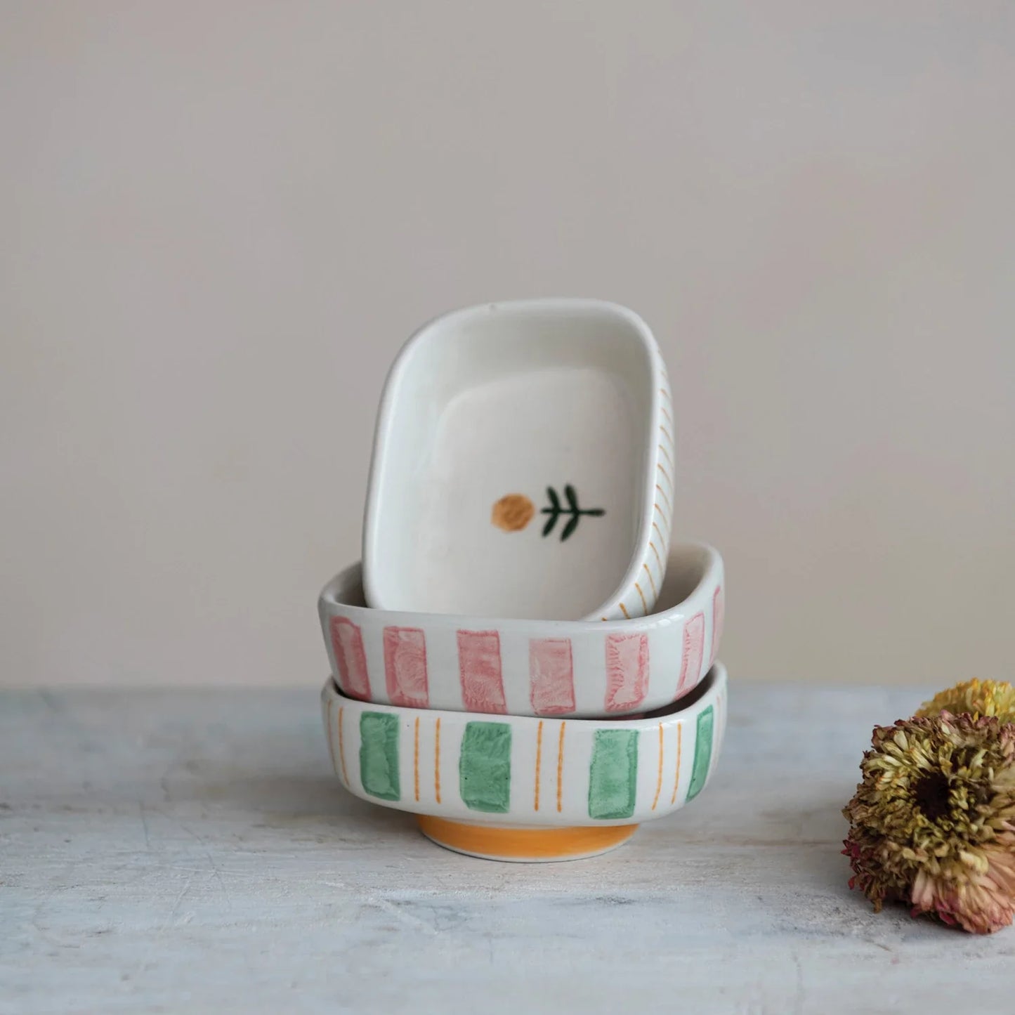 Green Flower Striped Stoneware Dish