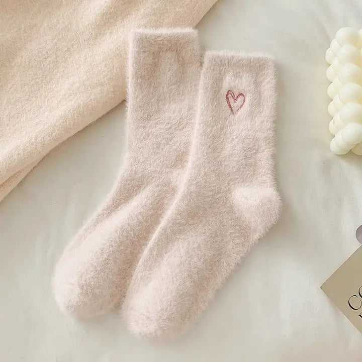 Heart Embroidered Fuzzy Socks
