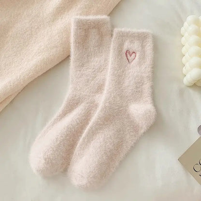 Heart Embroidered Fuzzy Socks
