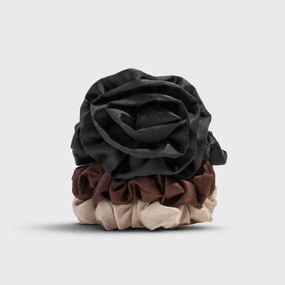 Rosette Ruched Satin Scrunchies (Black)